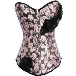 New Women Floral Printed Padded Lace-up Corset with Satin Flowers Embelishment Everyday Outwear Shapewear Bodyshaper Slimming Bustier