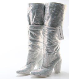 hot sale super hot women pointy toe knee high boots slip on ladies knight boots rhinestone sexy chunky heel crystal