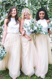 New Cheap Vintage Two Pieces Bridesmaid Dresses For Weddings Guest Dress Tulle White Lace Yellow Plus Size Long Formal Maid of Honour Gowns