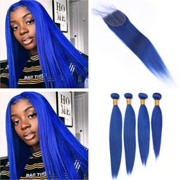 Blue Color Straight Human Hair Bundles and Closure Dark Blue Brazilian Virgin Hair Lace Closure 4x4" with Weaves Pure Blue 4 Bundle Deals