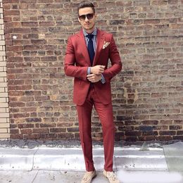 Newest Fashion Rust Red Mens Suits Slim Fit Two Buttons Groom Wedding Tuxedos Cheap Two Pieces Custom Suit (Jacket+Pants)