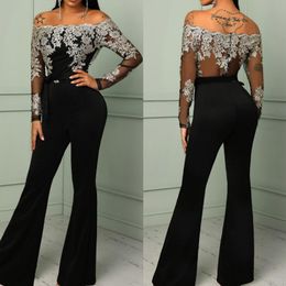 Fashion Black Lace Jumpsuit Evening Dresses Off The Shoulder Sheath Pant Suits Prom Gowns With Long Sleeves Floor Length Formal Dress