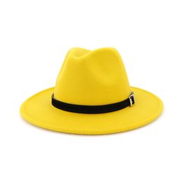 Fashion- Wide Brim Hats Wool Felt Fedora Panama Hat with Belt Buckle Jazz Trilby Cap Party Formal Top Hat 16 Colours