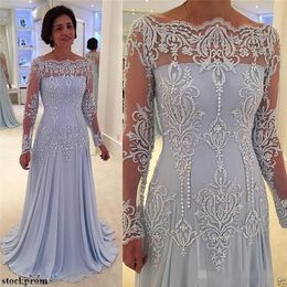 Ärmel neueste lange Mutter von Brautkleidern Illusion Chic Spitzenapplikat Batteau Ausschnitt Sweep Zug Chiffon Plus Größe Abendkleid