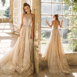 2020 Modest Birenzweig A Line Wedding Dresses Halter Sleeveless Hollow Lace Applique Sequins Wedding Gowns Sweep Train robe de mariée