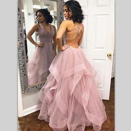 Blush Pink Prom Dresses Sexy Open Back Criss Cross Straps Homecoming party Gowns Deep V Neck robes de soiree Celebrity Evening Dress
