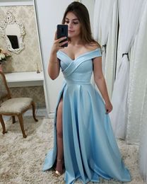 light sky blue Pleat prom party evening dresses v neck high side slit off shoulder vestido de noiva sereia gown robe de soiree satin