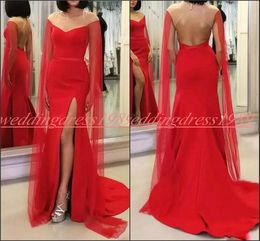 Elegance Mermaid Split Hollow Evening Dresses With Wrap Satin Pageant Saudi Arabia Sexy Long Party Prom Gown Robe De Soiree Formal Guest