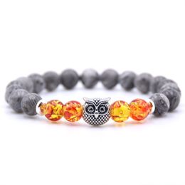Handmade Cool Design MultiColor Natural Stone Bead Link Bracelets Antique Silver Plated Alloy Owl Charm Bracelet Men and Womens