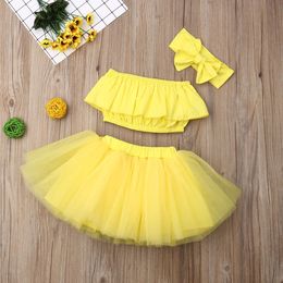 Summer Baby skirt outfit 3pcs/set with big bow Hair Band and Tube Top Short Gauze Skirt kids solid yellow Colour Girl designer skirt Set M116