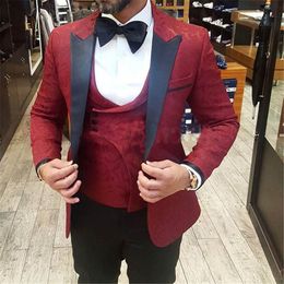 Custom Made Men Suits Dark Red Pattern and Black Groom Tuxedos Shawl Satin Lapel Groomsmen Wedding Best Man ( Jacket+Pants+Vest+Tie ) L403