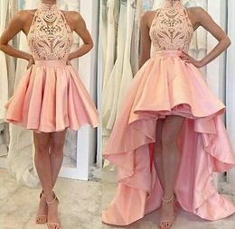 Remover Saia Trem Pink Prom Homecoming Vestidos Nigeriano Lace High Neck Ruffle Hi Lo Vestidos Desgaste Noite Plus Size formal Vestidos de Festi