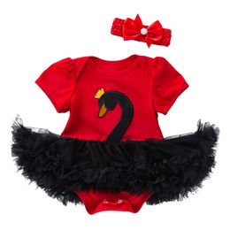 ins Baby Girl Cartoon Swan Tutu Dress 0-24 Month Newborn Infant Designer Cotton Romper Skirt Short Sleeve Skirt Headband