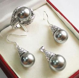 red jade jewelry set UK - Prett Lovely Women's Wedding Set 12mm Grey Shell Pearl Pendant Necklace Earrings Ring Set> GP Bridal wid brinco
