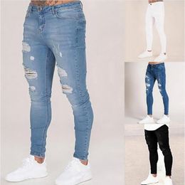 Men's Jeans Mens Solid Colour Autumn 2021 Fashion Slim Pencil Denim Pants Sexy Casual Hole Ripped Design For Men Streetwear