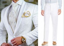 New Style Men Suits White Pattern Groom Tuxedos Shawl Satin Lapel Groomsmen Wedding Best Man 2 Pieces ( Jacket+Pants+Tie ) L488