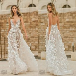 Berta 2020 Boho Wedding Dresses Lace 3D Floral Appliqued V Neck Backless Beach Bridal Gowns Custom Made A Line Bohemian Wedding Dress