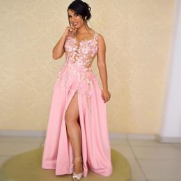 Pink A Line Beaded Prom Dresses Appliqued Scoop Neck Side Split Evening Gowns Plus Size Floor Length Satin Formal Dress