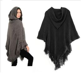 Women's Hooded Poncho Batwing Knit Shawl Cloak Coat Knitwear Cape free size GB1405