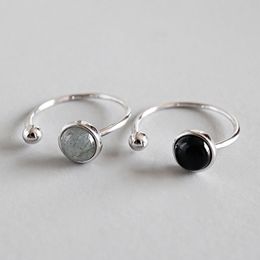 -Real 925 Sterling Silver Anel aberto para mulheres com ágata preta redonda / Moonstone fazem o antigo estilo de dedo anéis ymr229