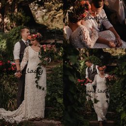 Plus Size Vintage Bohemian Wedding Dress Full Lace Long Sleeves Deep V Back Floor Length Beach Wedding Dress Bridal Gowns Vestidos De Noiva