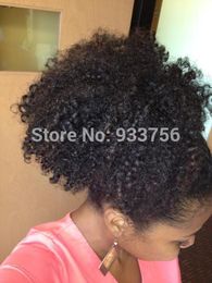 xu Short high afro puff ponytail Clip in afro kinky curly black indian remy hair wrap around drawstring ponytails 120g