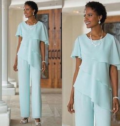 New Mother's Dresses Pants Suits Wedding Guest Dress Silk Chiffon Short Sleeve Tiered Mother Of Bride Pant Suits Custom Made