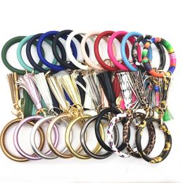 Leather Wrap Bracelets Key Chain Charms Sunflower Leopard Tassel Pendant Chain Bangle Fashion Car Keyrings Jewelry Key Ring Holder Wristband