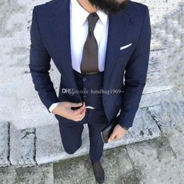 High Quality One Button Navy Blue Groom Tuxedos Notch Lapel Groomsmen Mens Wedding/Prom/Dinner Best Man Blazer (Jacket+Pants+Vest+Tie) K88