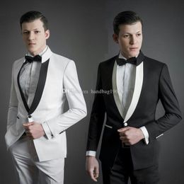 High Quality One Button Black/White Groom Tuxedos Stand Collar Groomsmen Mens Suits Wedding/Prom/Dinner Blazer (Jacket+Pants+Tie) K354