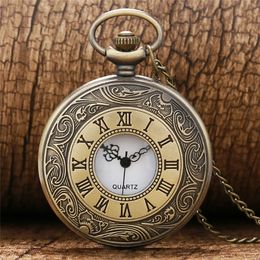 Retro Vintage Bronze Unisex Analogue Quartz Pocket Watch Roman Number Case Steampunk Neckalce Chain Gift Collectable