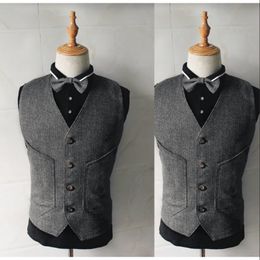 Grey Tweed Vests 2020 Wool Wedding Groom Vests British Style Men's Suit Vests Slim Fit Men's Business Vest Wedding Waistcoat Bestman