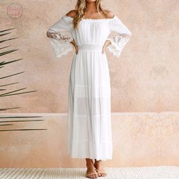 Women's Boho Off-shoulder Floral Embroidered Bell Sleeve Casual Long Maxi Dress