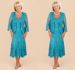 Mother Off Bride Dresses V Neck Turquoise Full Lace Long Sleeves Tea Length Sheath Plus Size Mother Of The Bride Dress With Jacket