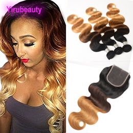 Malaysian Human Hair B/4/27 Ombre Three Tones Bundles With 4X4 Lace Closure 4Pieces/lot 10-28 Inch