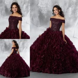 Burgundy Ball Gown Quinceanera Dresses Off Shoulder Beaded Cascading Ruffles Sweet 16 Dress Floor Length Organza Sequined Masquerade Gowns