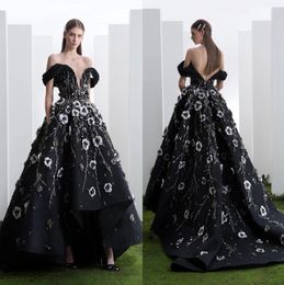 Black High Low Beaded Backless Prom Dresses Off The Shoulder A Line Formal Dress Sweep Train 3D Flowers Appliqued Evening Gowns