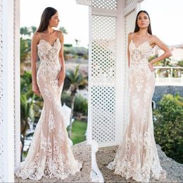 Sexy Mermaid Wedding Dresses Spaghetti Sleeveless Full Lace Bridal Gowns Floor Length Boho Country Beach Wedding Dress Custom