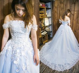 3D Flowers Lace Ball Gown Prom Dresses Long Ice Blue Tulle Off The Shoulder Beads Crystal Party Dress Sweet 16 Dresses Formal Evening Gowns