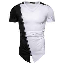 Hip Hop Miicoopie New Mens T-shirt Contrast Slant Shoulder Zipper Leather Diagonal Hem Short Sleeve V-neck T-shirt