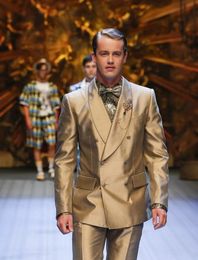 Gold Groom Tuxedos Double-Breasted Men Wedding Tuxedo Fashion Men Jacket Blazer Men Dinner/Darty Suit Custom Made(Jacket+Pants+Tie) 1286