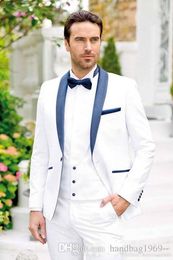 Latest Design One Button White Groom Tuxedos Shawl Lapel Groomsmen Best Man Mens Wedding Suits (Jacket+Pants+Vest+Tie) D:262