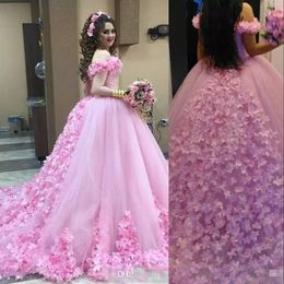 New Pink Ball Gown Quinceanera Dresses Off Shoulder Crystal Beaded Tulle With Flowers Sweet 16 Puffy Plus Size Party Prom Evening Gowns