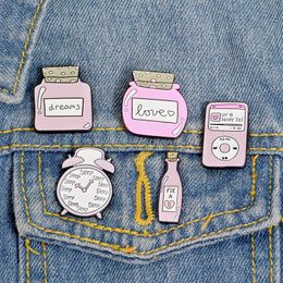 Cute Cartoon Bottle Pink Alarm Metal Kawaii Enamel Pin Badge Buttons Brooch Shirt Denim Jacket Bag Decorative Brooches for Women Girls