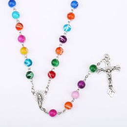 Colourful Rosary Beads Necklace Catholic Prayer Beads Cross Chain Mens Womens Rosary Necklace Jewellery
