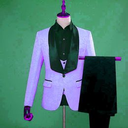 Custom Made Men Suits Lilac Pattern and Black Groom Tuxedos Shawl Satin Lapel Groomsmen Wedding/Prom Best Man ( Jacket+Pants+Vest+Tie ) L398