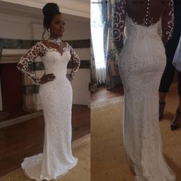 D Appliques Lace Beaded Mermaid Wedding Dresses South African High Neck Long Sleeve Illusion Bridal Gowns Resses resses