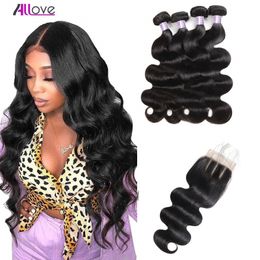 remy double weft hair extensions UK - Allove Peruvian Straight Body Deep Curly 3 Bundles Remy Human Hair Extensions With 4*4 Lace Closure Double Weft Weave for Women All Ages Jet Black 8-28 inch
