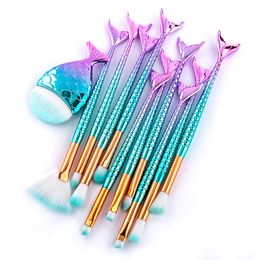 11pcs Mermaid Fish Tail makeup Brushes Set Soft Hair Powder Foundation Blusher Face Brush Lip Eyebrow Eyeshadow Brush Cosmetic make up Brush