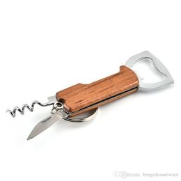 Openers Wooden Handle Bottle Opener Keychain Knife Pulltap Double Hinged Corkscrew Stainless Steel Key Ring Openers Bar BC BH1258